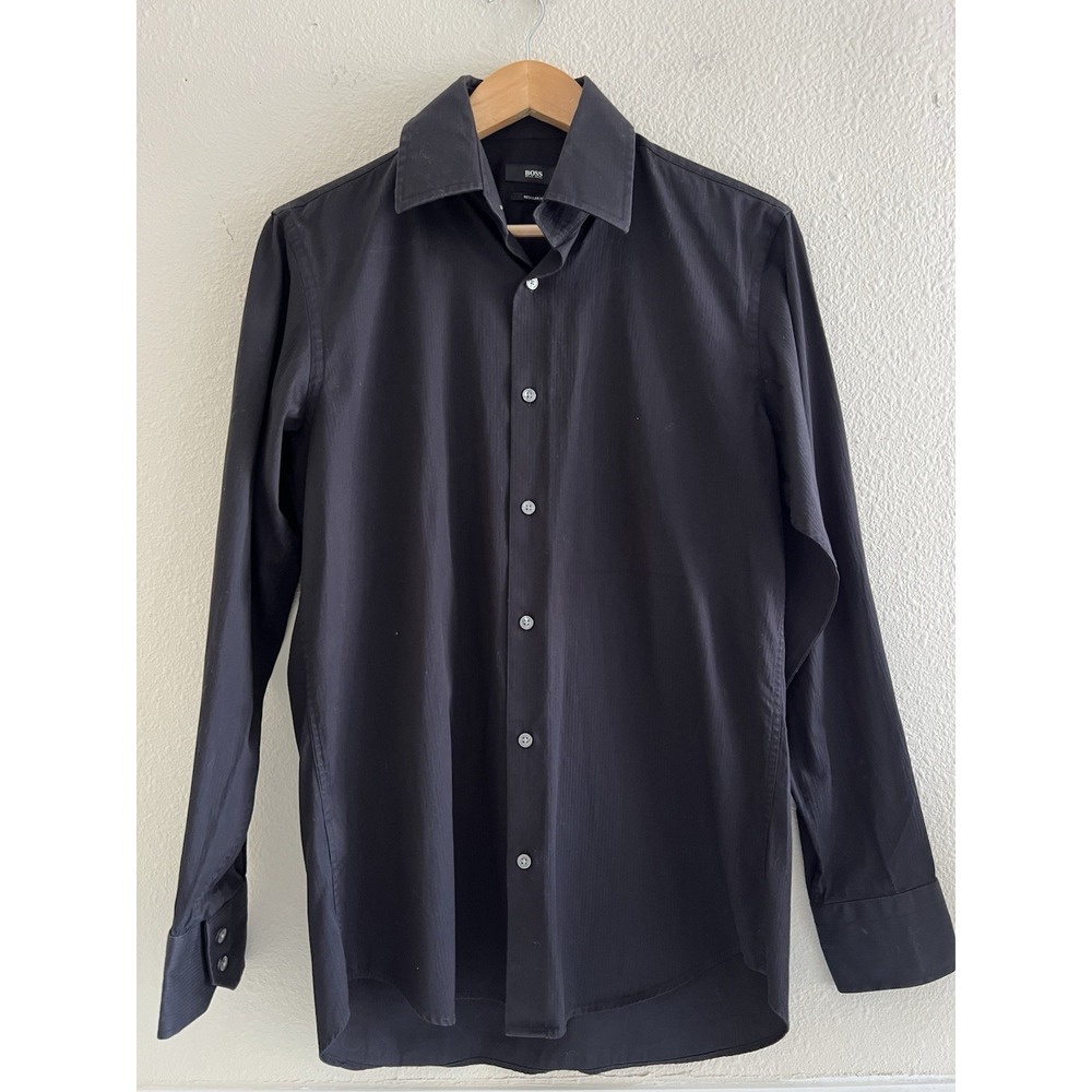 BOSS Hugo Boss Mens Dress Shirt 15 32/33 Regular Fit Black Long Sleeve Cotton